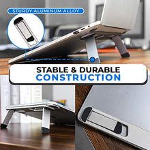 Load image into Gallery viewer, Tablet and Laptop Riser – Folding Aluminum Computer Stand Universally Compatible with 10”-16” Models Including MacBook, iPad, HP, Lenovo and Dell – Self-Adhesive with Non-Skid Silicone Feet (Silver)
